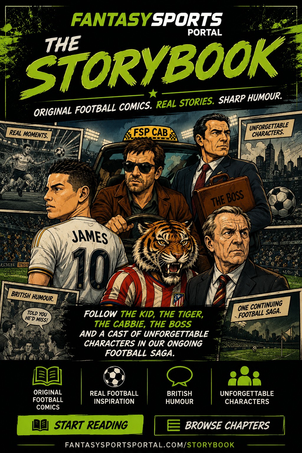 Fantasy Sports Portal Storybook featuring The Kid, The Tiger, The Cabbie and The Boss