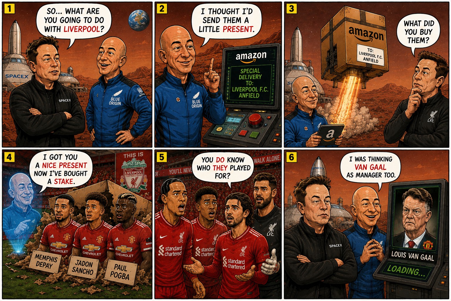 Jeff Bezos sends Liverpool a surprise Amazon package containing Memphis Depay, Jadon Sancho and Paul Pogba in a six-panel Fantasy Sports Portal cartoon