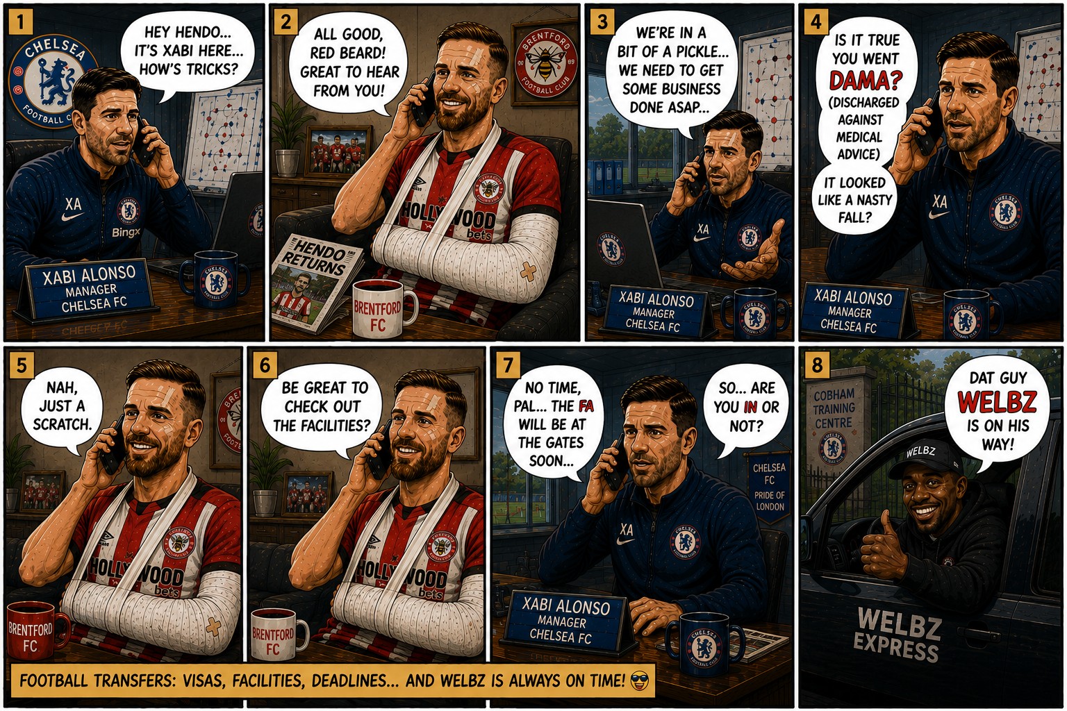Xabi Alonso calls Jordan Henderson while Danny Welbeck heads to Chelsea in the Chelsea Pickle Storybook comic