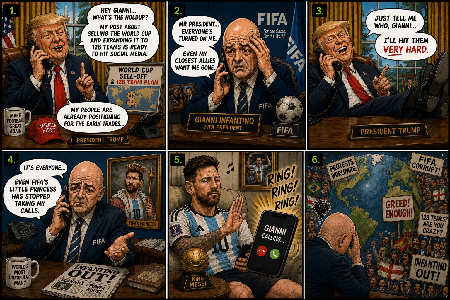 Donald Trump, Gianni Infantino and Lionel Messi feature in the FIFA Trouble football satire comic from Fantasy Sports Portal
