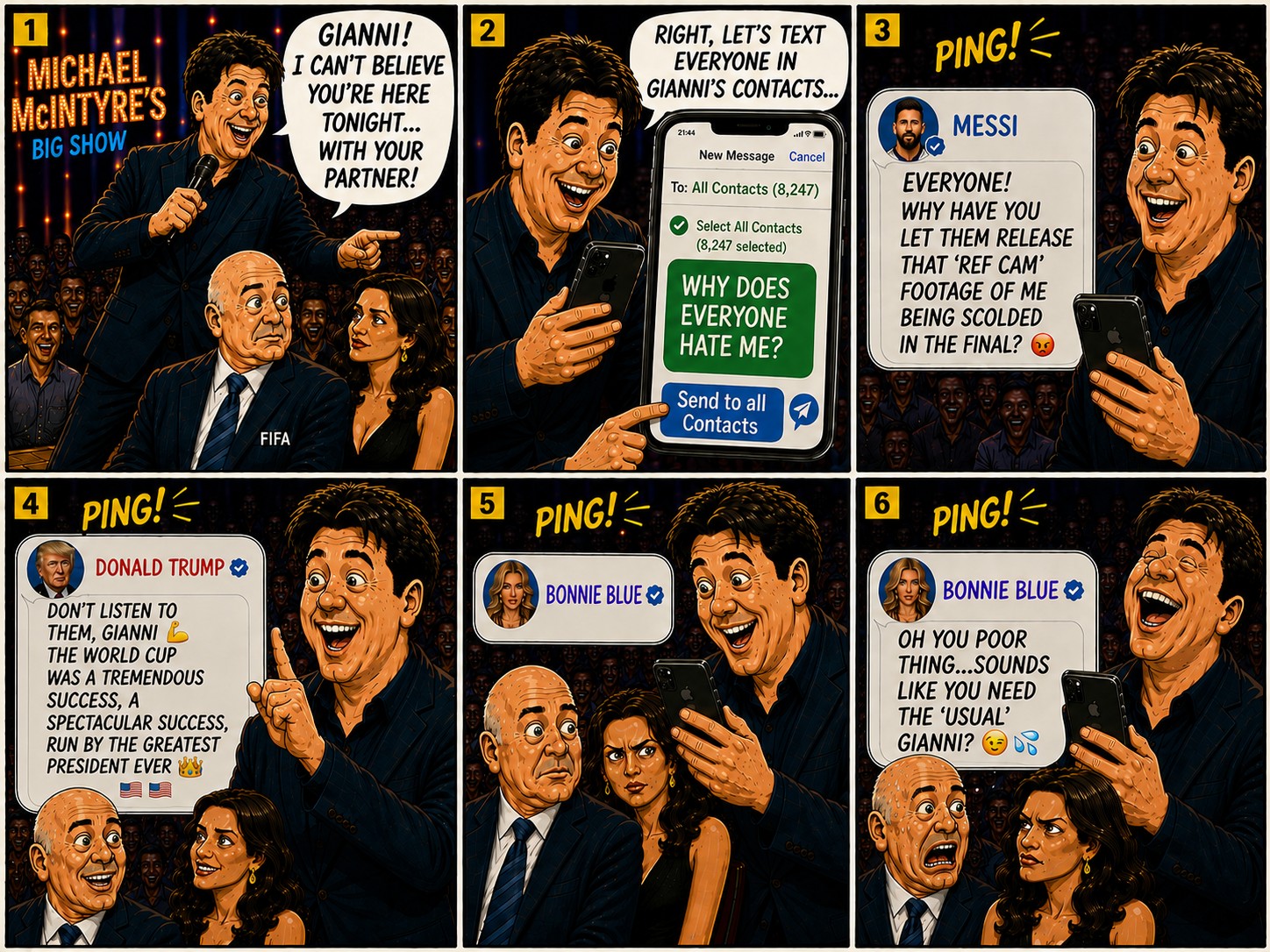 Michael McIntyre texts Gianni Infantino's contacts including Lionel Messi, Donald Trump and Bonnie Blue in a six-panel Fantasy Sports Portal cartoon