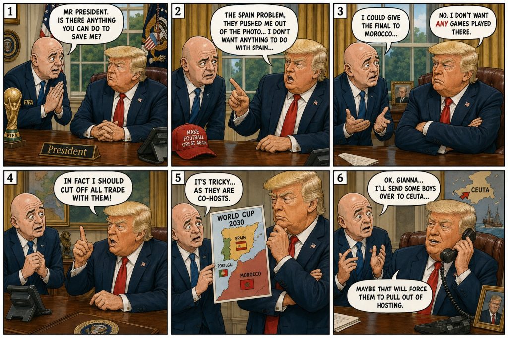 Gianni Infantino asks Donald Trump for help with Spain and the World Cup in a six-panel Fantasy Sports Portal cartoon