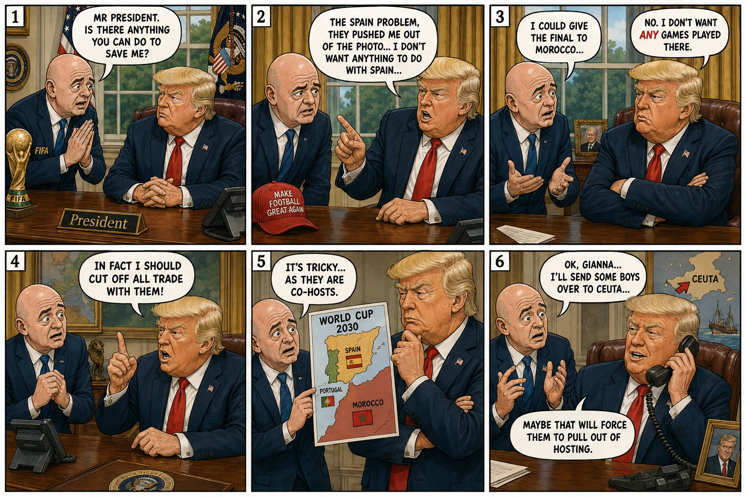 Gianni Infantino asks Donald Trump for help with Spain and the World Cup in a six-panel Fantasy Sports Portal cartoon