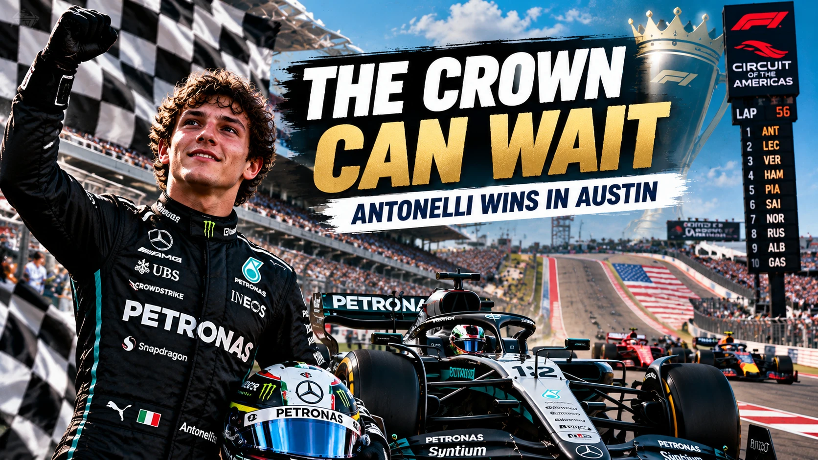 Kimi Antonelli celebrates winning the 2026 United States Grand Prix as he moves closer to the Formula 1 world championship.